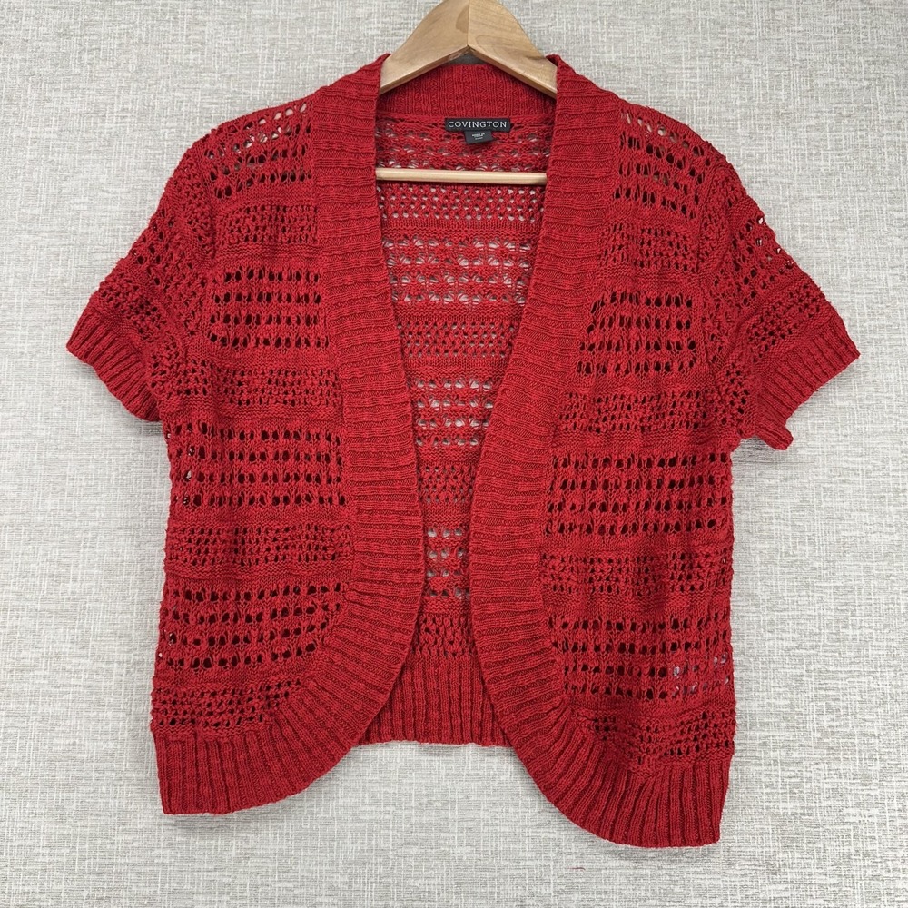 Covington Cardigan Sweater Womens Medium Red Open Knit Short Sleeve Lightweight‎